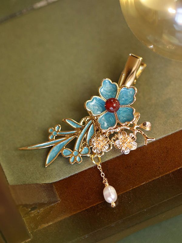 Chinese Style Blue Sterling Silver Overgild Pearl Floral Tassel Hairpin