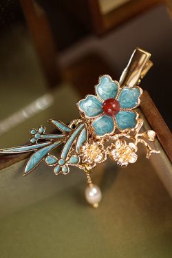 Chinese Style Blue Sterling Silver Overgild Pearl Floral Tassel Hairpin