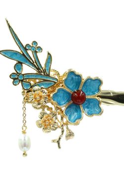 Chinese Style Blue Sterling Silver Overgild Pearl Floral Tassel Hairpin