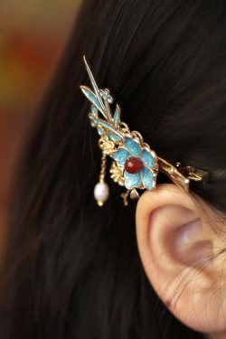 Chinese Style Blue Sterling Silver Overgild Pearl Floral Tassel Hairpin