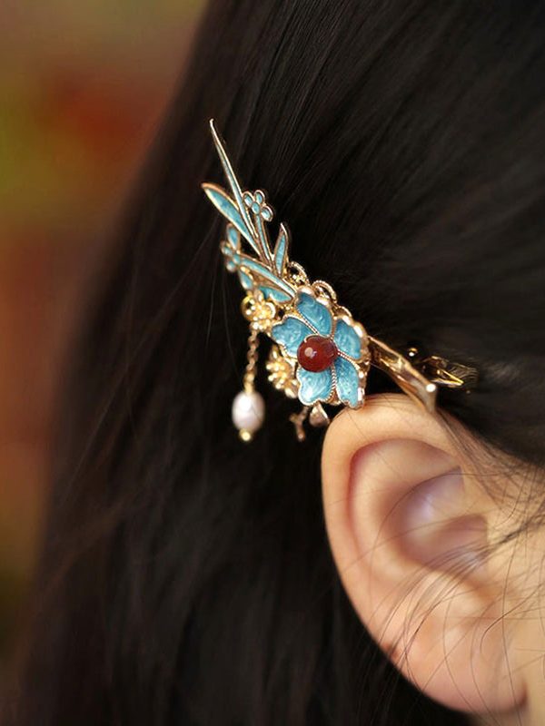 Chinese Style Blue Sterling Silver Overgild Pearl Floral Tassel Hairpin