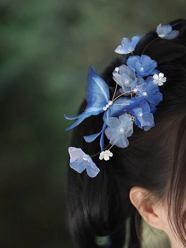 Chinese Style Blue Velvet Butterfly Iris Hairpin