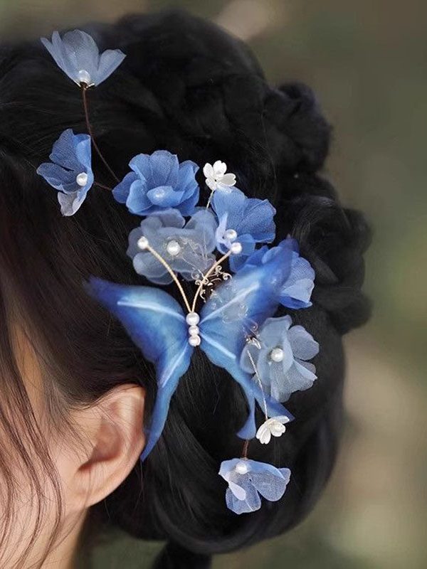 Chinese Style Blue Velvet Butterfly Iris Hairpin