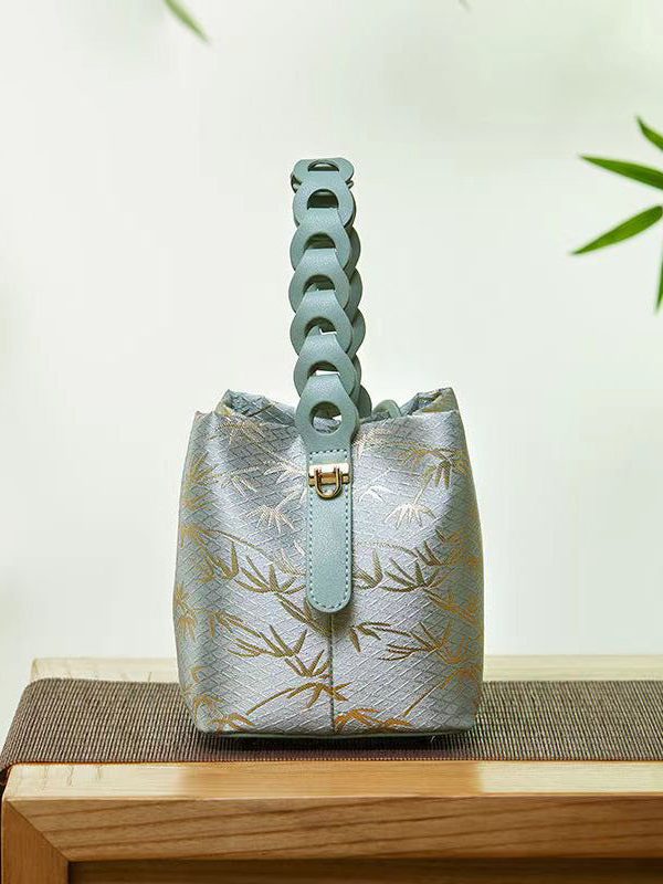 Chinese Style Jacquard Calf Leather Tote Handbag