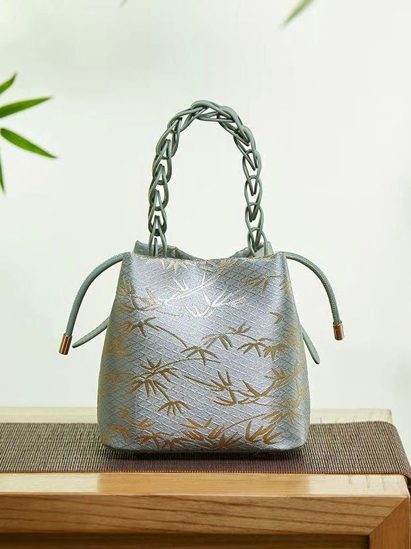Chinese Style Jacquard Calf Leather Tote Handbag