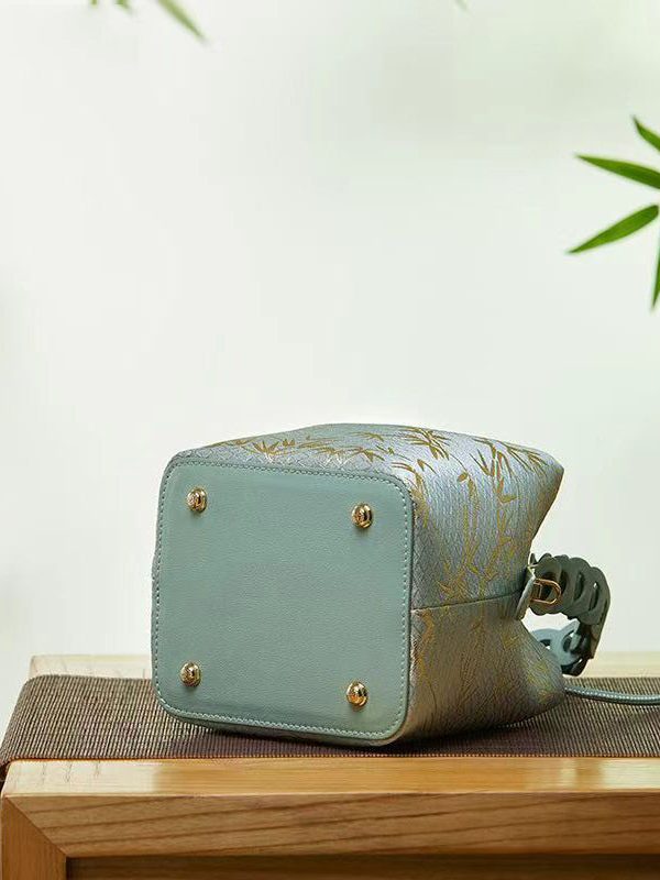 Chinese Style Jacquard Calf Leather Tote Handbag