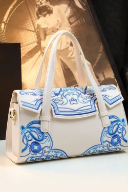 Chinese Style Pink Embroideried Calf Leather Tote Handbag