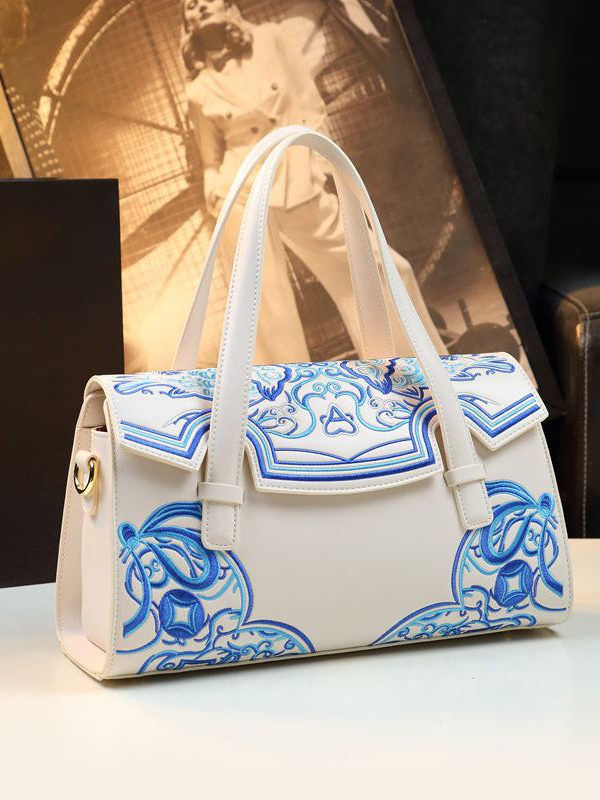 Chinese Style Pink Embroideried Calf Leather Tote Handbag