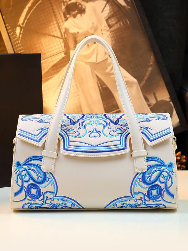 Chinese Style Pink Embroideried Calf Leather Tote Handbag