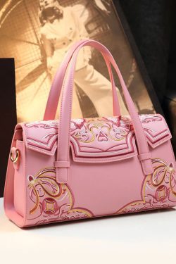 Chinese Style Pink Embroideried Calf Leather Tote Handbag