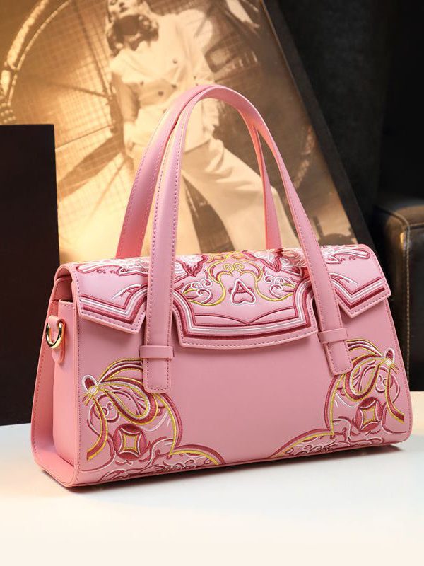 Chinese Style Pink Embroideried Calf Leather Tote Handbag