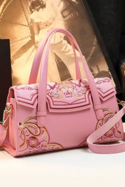 Chinese Style Pink Embroideried Calf Leather Tote Handbag