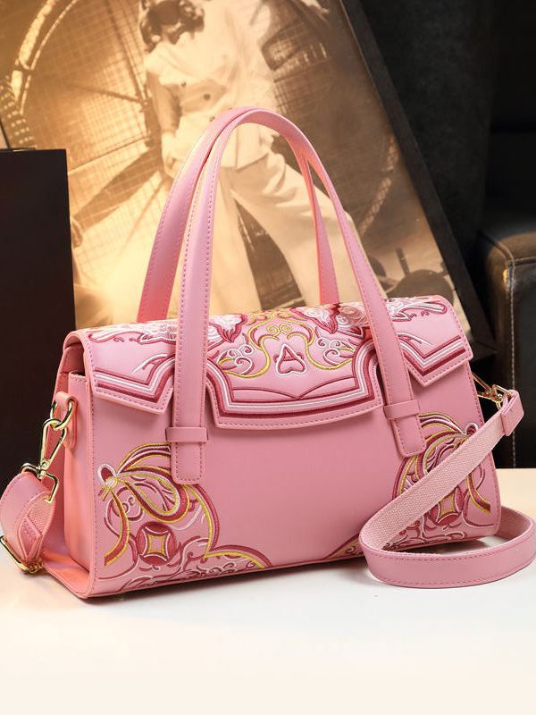 Chinese Style Pink Embroideried Calf Leather Tote Handbag