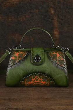 Chinese Style Red Embossed Durable Calf Leather Messenger Bag