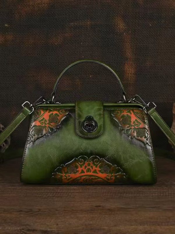 Chinese Style Red Embossed Durable Calf Leather Messenger Bag