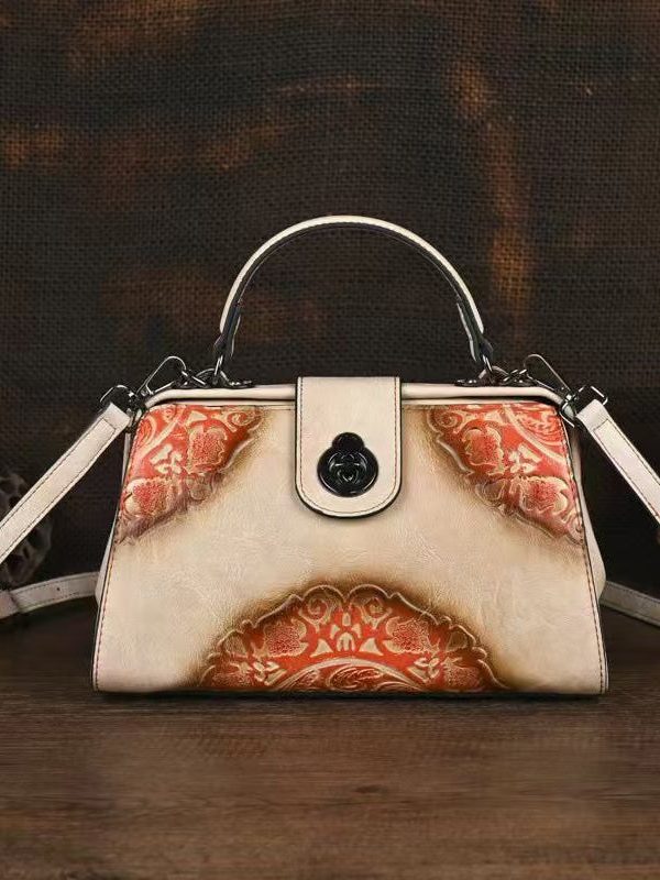 Chinese Style Red Embossed Durable Calf Leather Messenger Bag