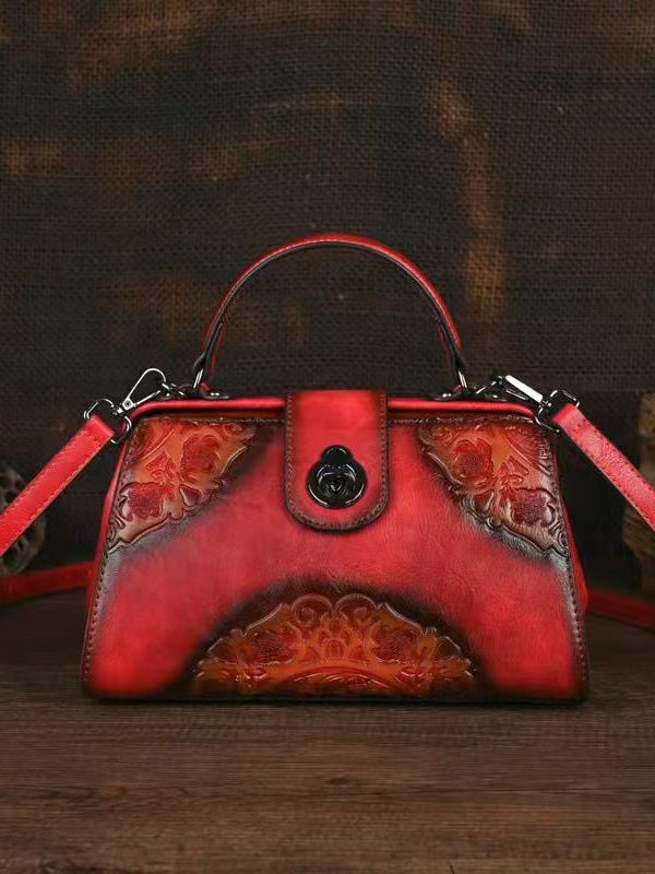 Chinese Style Red Embossed Durable Calf Leather Messenger Bag