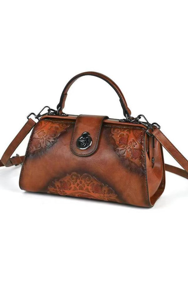 Chinese Style Red Embossed Durable Calf Leather Messenger Bag