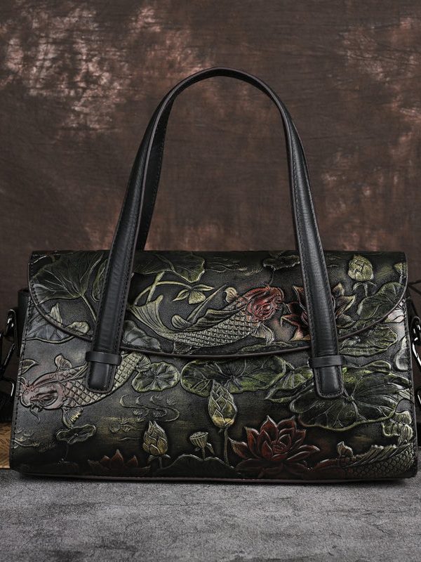 Chinese Style Women Gold Calf Leather Tote Crossbody Bag