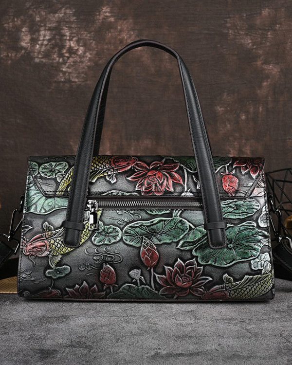 Chinese Style Women Gold Calf Leather Tote Crossbody Bag