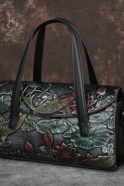 Chinese Style Women Gold Calf Leather Tote Crossbody Bag