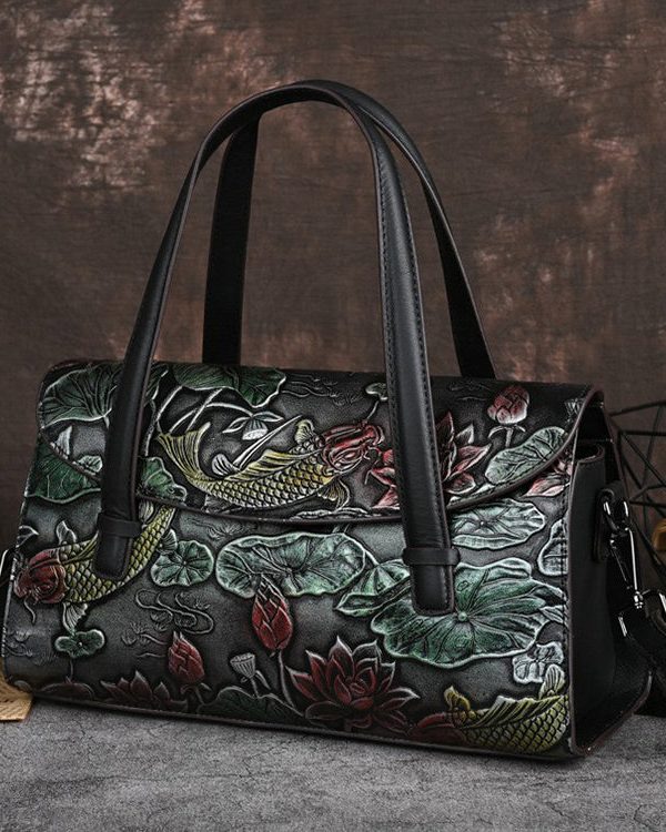 Chinese Style Women Gold Calf Leather Tote Crossbody Bag