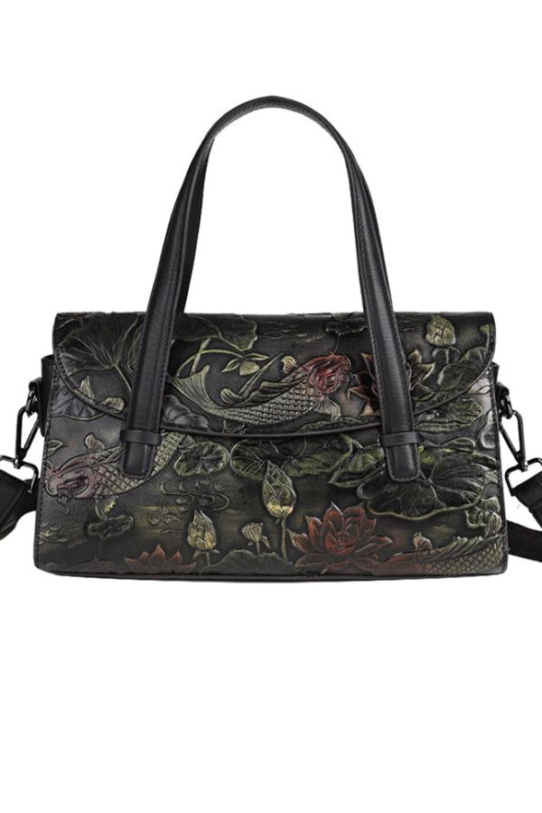 Chinese Style Women Gold Calf Leather Tote Crossbody Bag