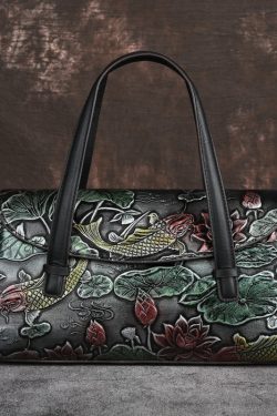 Chinese Style Women Gold Calf Leather Tote Crossbody Bag