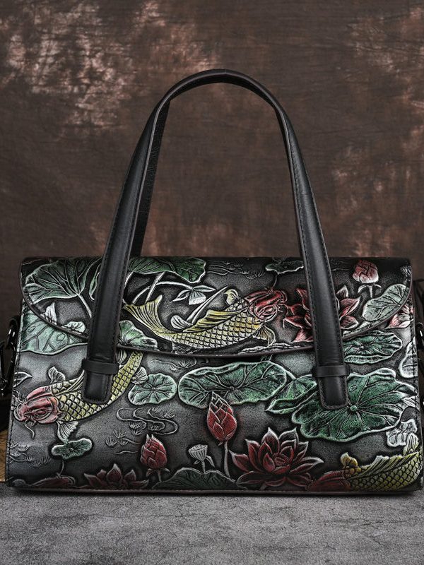 Chinese Style Women Gold Calf Leather Tote Crossbody Bag