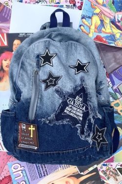 Classic Gradient Blue Denim Patch Large Capacity Backpack Bag