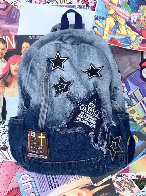 Classic Gradient Blue Denim Patch Large Capacity Backpack Bag