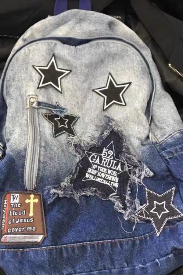 Classic Gradient Blue Denim Patch Large Capacity Backpack Bag