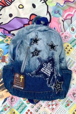 Classic Gradient Blue Denim Patch Large Capacity Backpack Bag