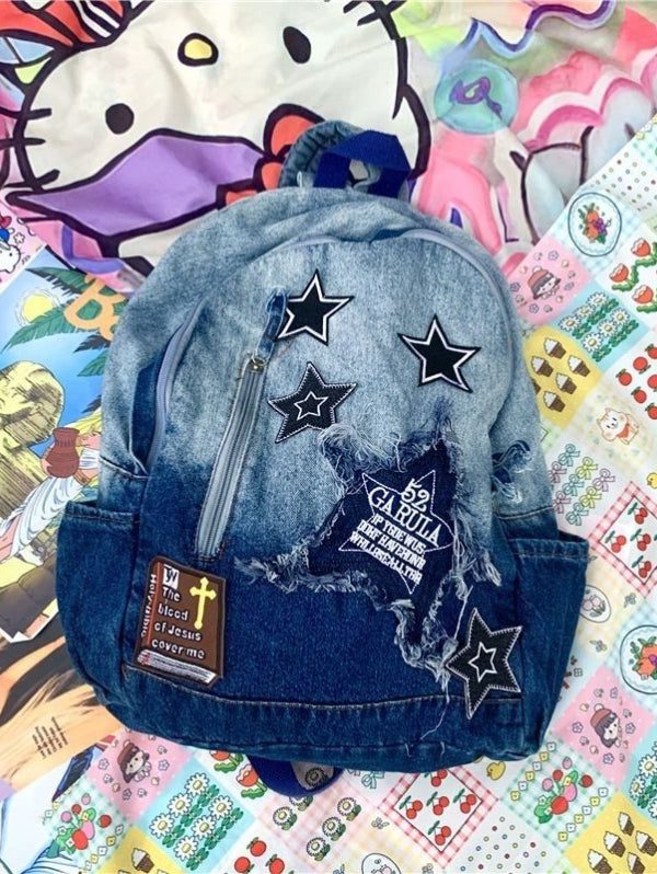 Classic Gradient Blue Denim Patch Large Capacity Backpack Bag
