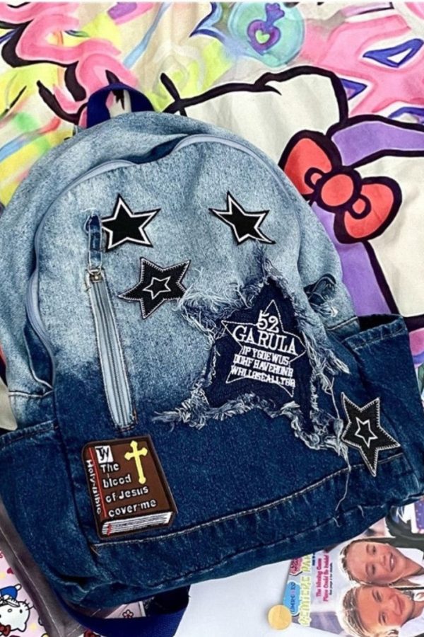 Classic Gradient Blue Denim Patch Large Capacity Backpack Bag