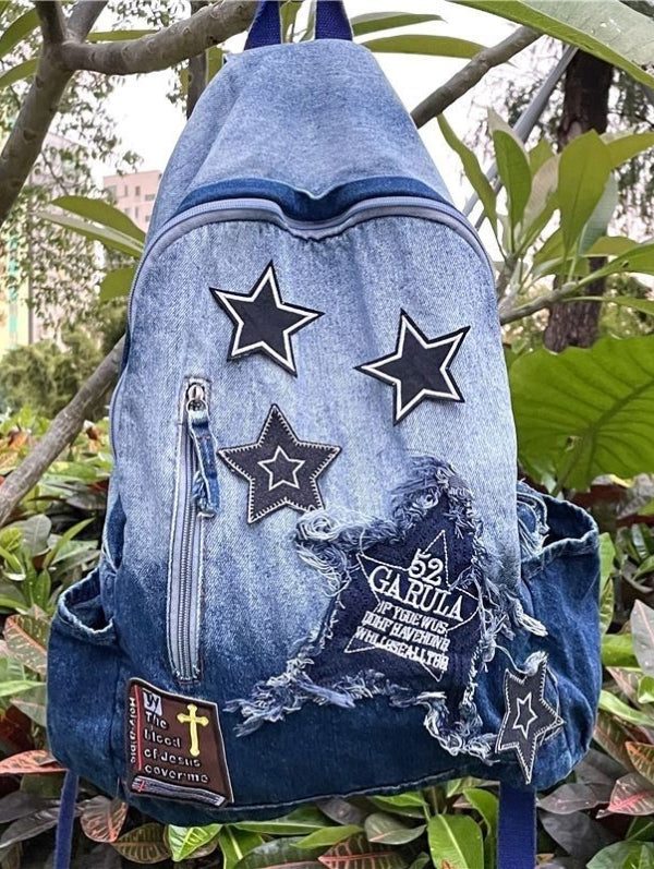 Classic Gradient Blue Denim Patch Large Capacity Backpack Bag