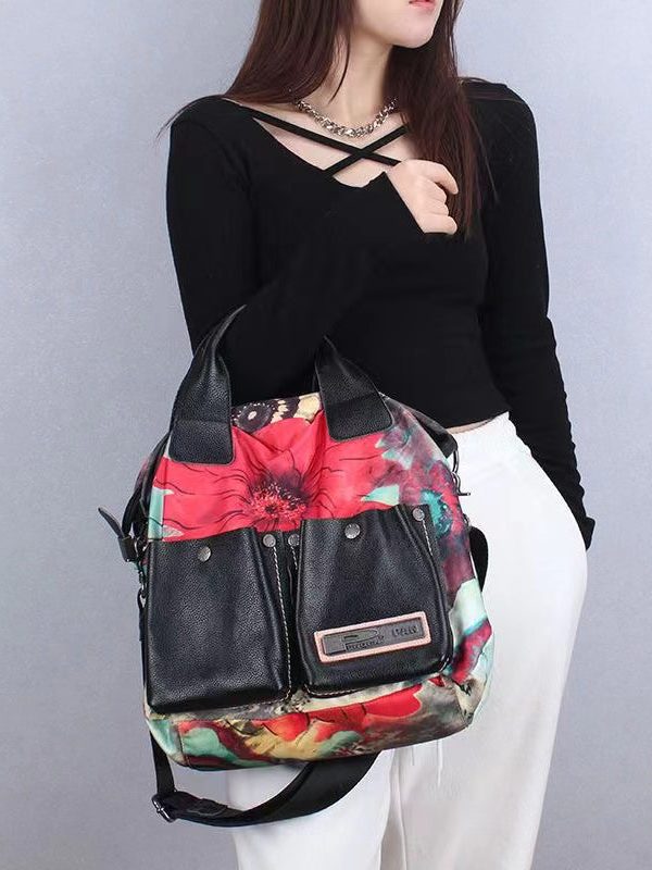 Classic Large Capacity Canvas Patchwork Calf Leather Tote Handbag