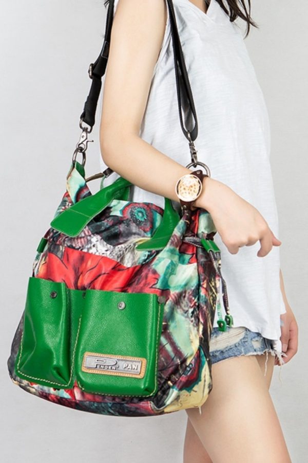 Classic Large Capacity Canvas Patchwork Calf Leather Tote Handbag