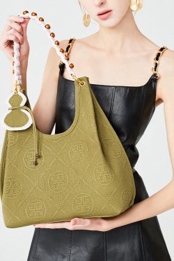 Classy Army Green Jacquard Tasseled Cotton Women Shoulder Bags