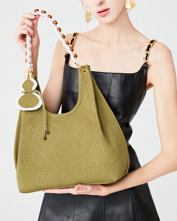 Classy Army Green Jacquard Tasseled Cotton Women Shoulder Bags