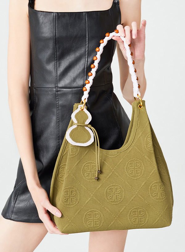 Classy Army Green Jacquard Tasseled Cotton Women Shoulder Bags