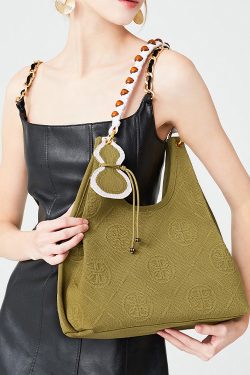 Classy Army Green Jacquard Tasseled Cotton Women Shoulder Bags