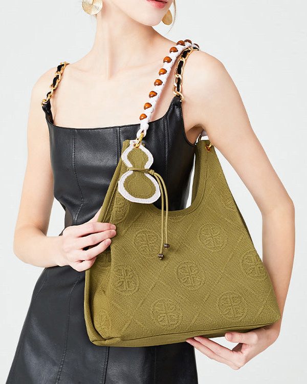 Classy Army Green Jacquard Tasseled Cotton Women Shoulder Bags