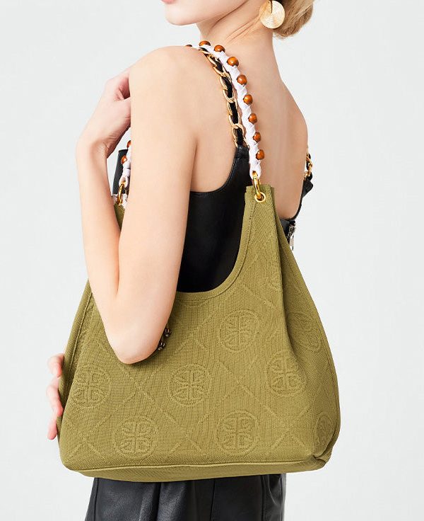 Classy Army Green Jacquard Tasseled Cotton Women Shoulder Bags