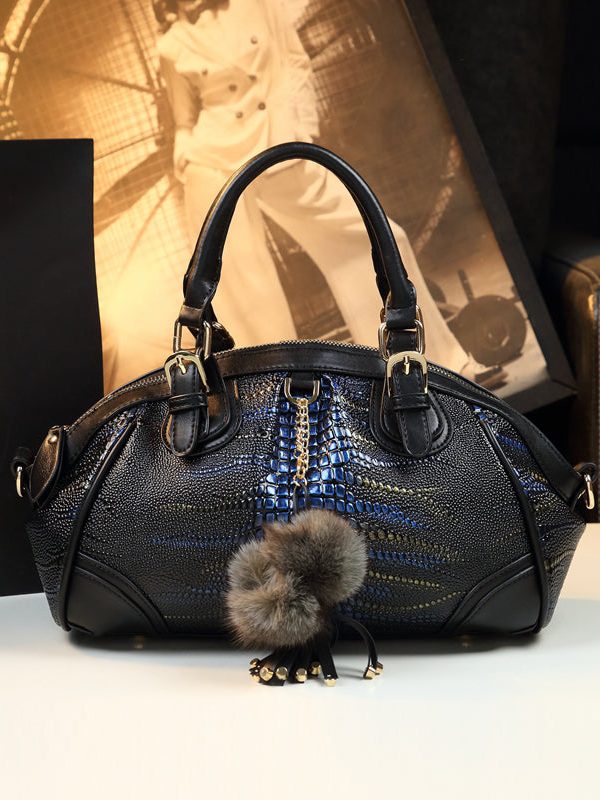 Classy Black Blue Versatile Calf Leather Tote Handbag