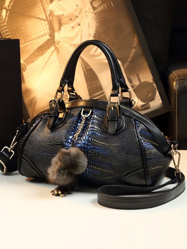 Classy Black Blue Versatile Calf Leather Tote Handbag