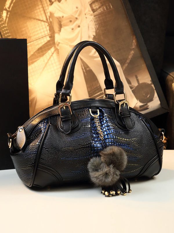 Classy Black Blue Versatile Calf Leather Tote Handbag