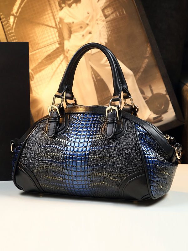 Classy Black Blue Versatile Calf Leather Tote Handbag