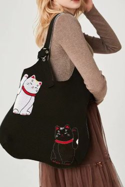Classy Black Cat Embroidered Solid Durable Cotton Shoulder Bags