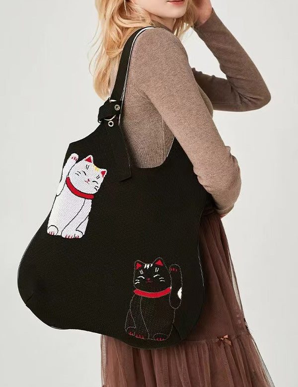 Classy Black Cat Embroidered Solid Durable Cotton Shoulder Bags